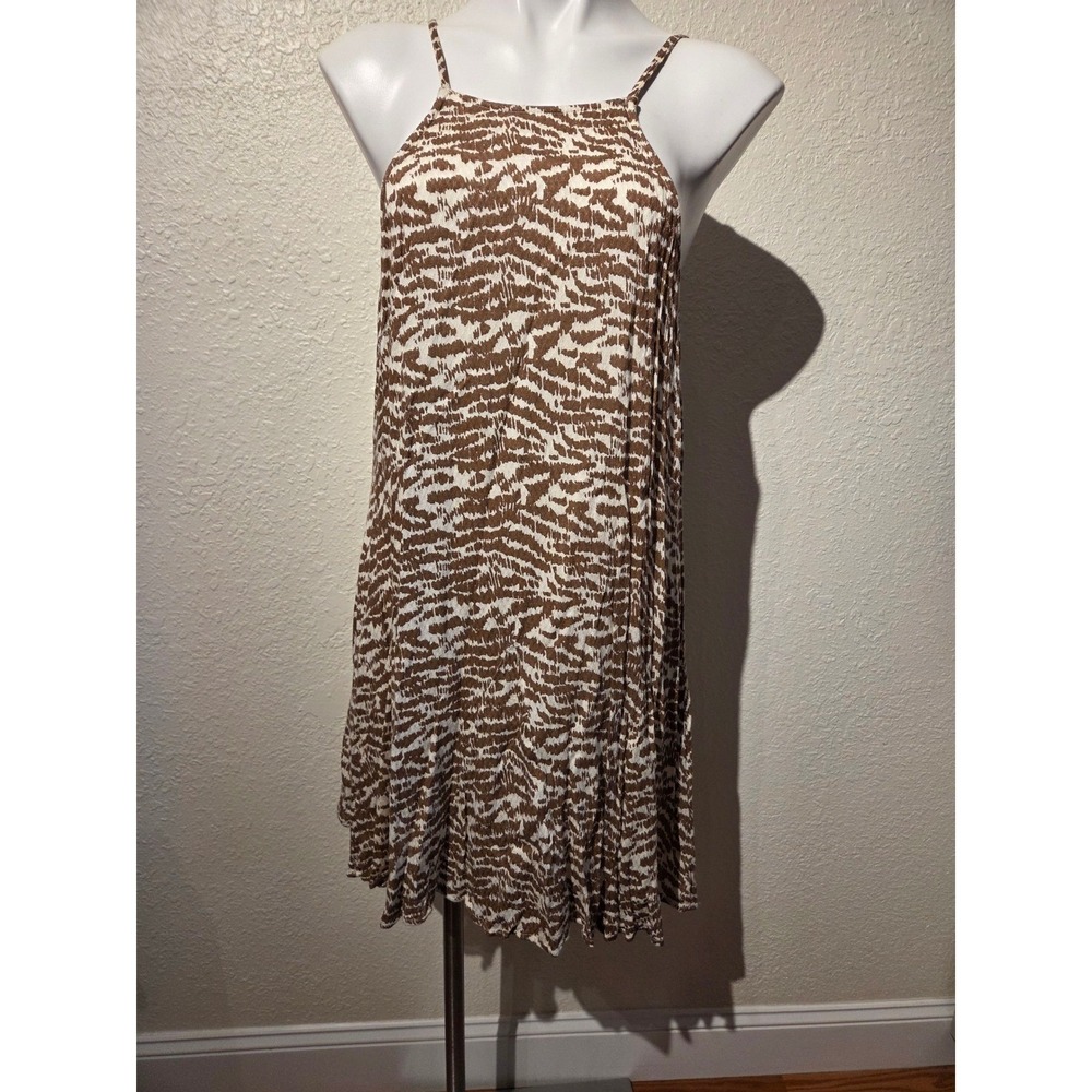 En Creme Women Small Brown White Animal Print Halter Tassel Mini Dress Boho